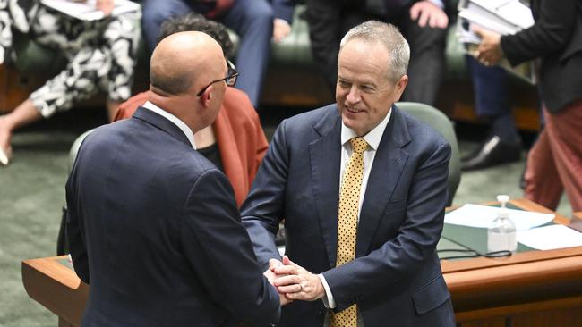 Opposition Leader Peter Dutton shook hands with Mr Shorten. Picture: NewsWire / Martin Oldman