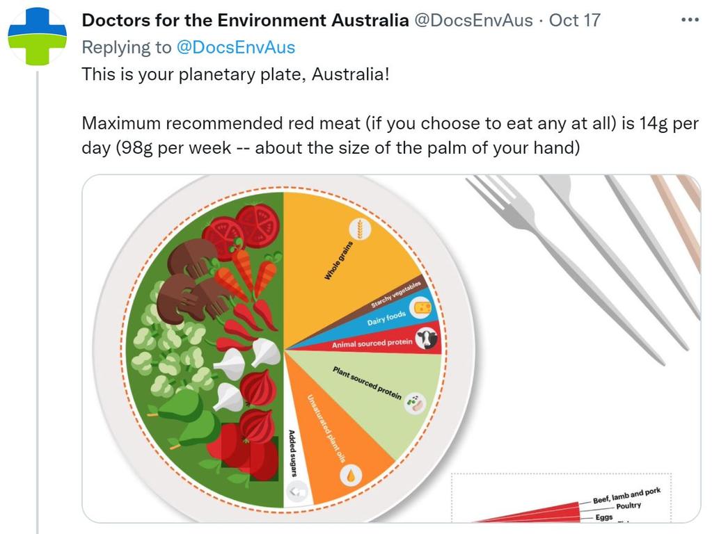 A Doctors for the Environment Australia tweet urging a radical change to our diets to save the planet.