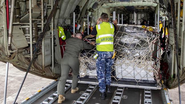 A pallet of supplies are loaded on to a C13OJ Hercules. Picture: Australian Defence Force