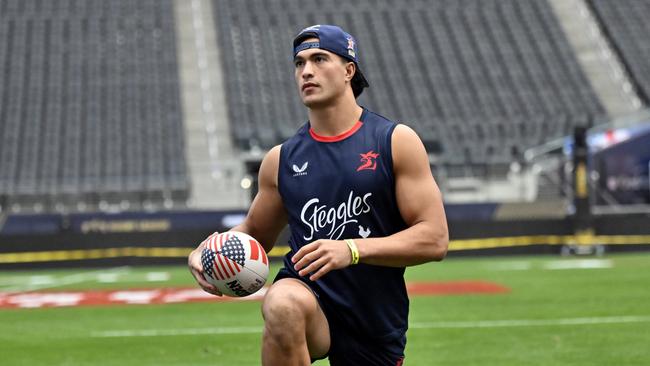 Sydney RoostersÃ Joseph-Aukuso Suaalii warms up before the captainÃs run at Allegiant Stadium on Friday, March 1, 2024, in Las Vegas. (Photo by David Becker)