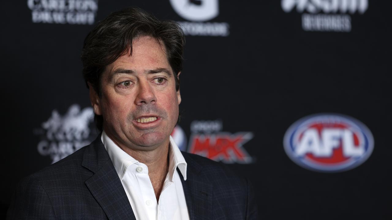 MELBOURNE, AUSTRALIA - DECEMBER 15: Gillon McLachlan, AFL Chief Executive Officer talks to the media during an AFL media opportunity to announce a partnership with Asahi Beverages Group on December 15, 2022 in Melbourne, Australia. (Photo by Martin Keep/AFL Photos/AFL Photos via Getty Images)