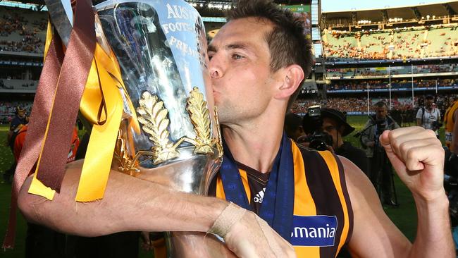 2014 AFL Grand Final match between Hawthorn Hawks and the Sydney Swans at the MCG Melbourne Cricket Ground on September 27, 2014. Luke Hodge kisses the cup. Picture: Michael Klein