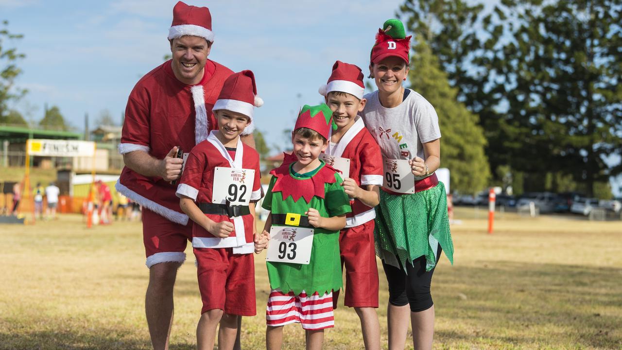 In the Christmas spirit for the run are (from left) Bruce, James, Archie, Lachlan and Alison McConnel at the Toowoomba Hospital Foundation's Reindeer Run at Baillie Henderson Hospital to raise funds for the Toowoomba Hospital Christmas Appeal, Sunday, December 6, 2020. Picture: Kevin Farmer