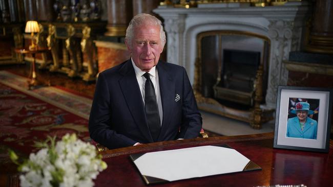 King Charles III makes a televised address to the nation and the Commonwealth from the Blue Drawing Room at Buckingham Palace. Picture: Yui Mok / POOL / AFP