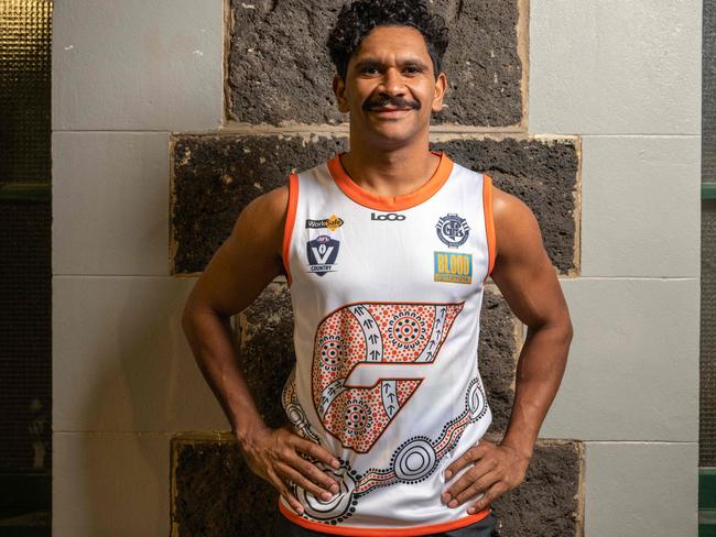 14-05-2024 Geelong West player Ethan Liddle with the jumper he designed ahead of GFL indigenous round. Picture: Brad Fleet