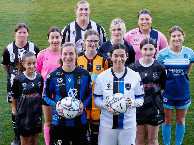 Football SA players at front with balls Nicole Calder Salisbury inter and Elena Psaroulis Comets then L to R Isabella Jackson, (Fulham), Zara Rocca (Adel uni), Niki Papageorgiou (ad uni),  Zeli McNeece (back Hahndorf), Cerys Llewelyn-Jones, (Seaford rangers), Laura bednarczuk, (flinders uni), Lana Kaesler, (Seymour os), Claudia Wright Adel uni (pink socks) and Caitlin Smith (sacred heart os). The state's best women's soccer sides will clash in this season's FootballSA women's cup finals.