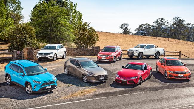 Seven category winners made the finals: (clockwise from front left) Toyota RAV4 Hybrid, Volkswagen Touareg, Kia Seltos, Mitsubishi Triton, BMW 330i, Toyota Supra and Mazda3.