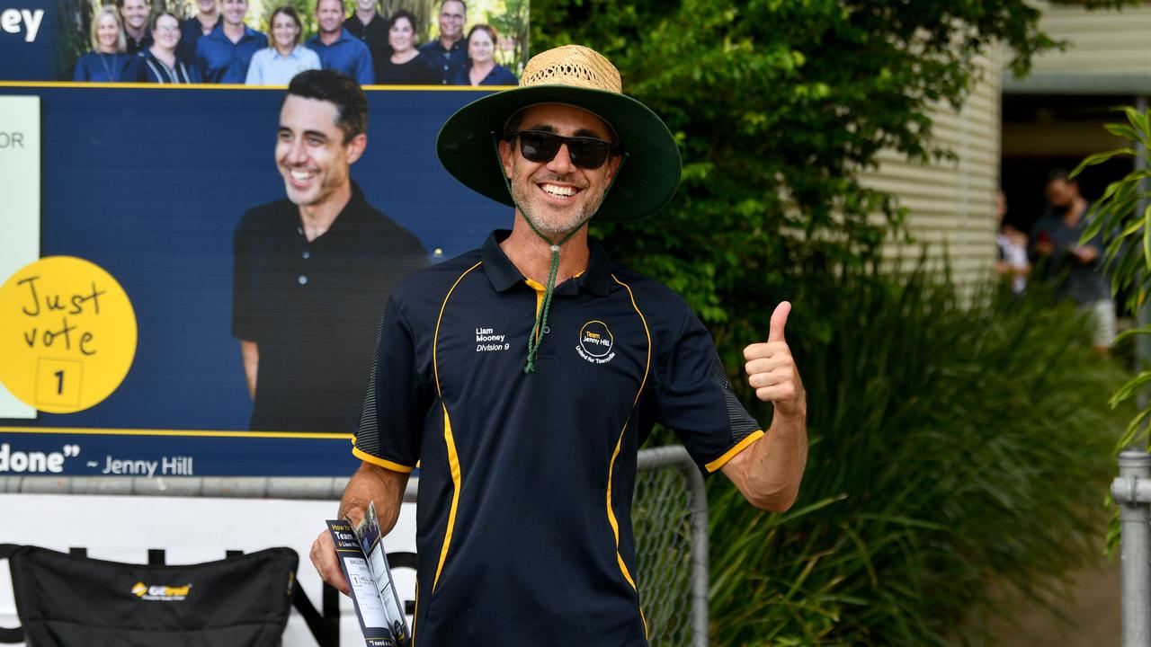 Division 9 incumbent councillor Liam Mooney in a positive mood on election day at Hermit Park State School. Picture: Evan Morgan