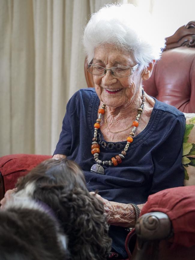 Shirley Williams, of Mount Pleasant, turns 97 on Wednesday, April 14. Mrs Williams is pictured with her five-year-old English springer spaniel, Bree. Picture: Heidi Petith