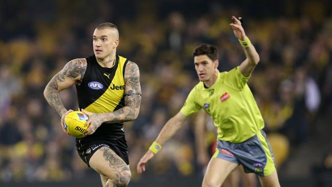 Tiger star Dustin Martin is getting racy this spring with a horse named after the raucous celebrations at a Melbourne nightclub after Richmond’s Grand Final victory last year. Picture: Michael Klein