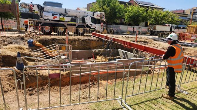 Adelaide Lord Mayor Jane Lomax-Smith says the city council had no warning about works at Whitmore Square, where a huge hole has been dug up. Picture: Adelaide City Council