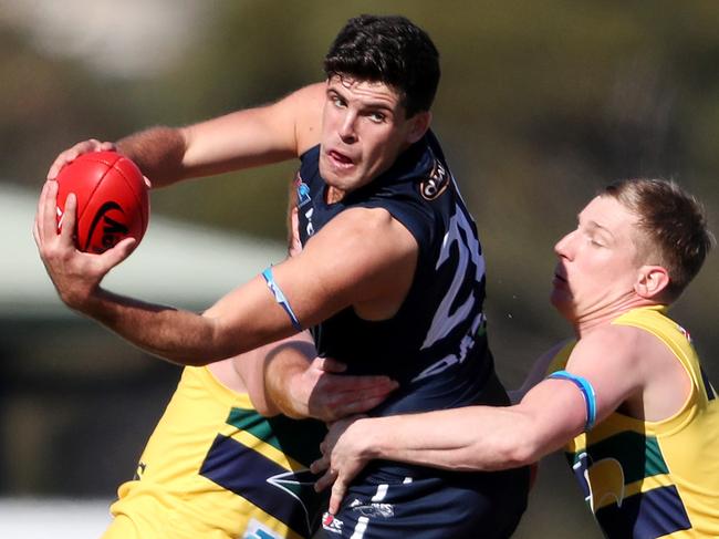 SANFL - Saturday, 15th August, 2020 - South Adelaide v Woodville West-Torrens at Noarlunga South Adelaide Jesse McKinnon under pressure from Eagles Joe Sinor Picture: Sarah Reed