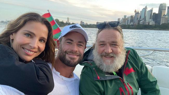 Russell Crowe (right) joined Elsa Pataky and Chris Hemsworth on a cruise of Sydney Harbour. Picture: Instagram