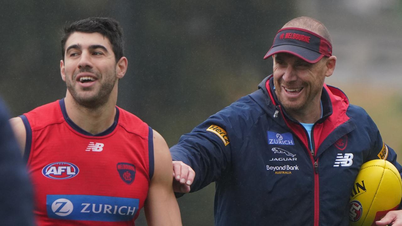 Christian Petracca and Demons coach Simon Goodwin