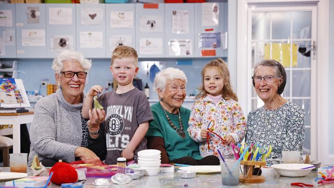 Residents from RSL LifeCare Narrabeen with kids from the Little Diggers Pre School which is located on the grounds of the RSL. (L to R): Beverley Ash, Joel, Joy Guitry, Penelope and Pat Cox. Picture: Sam Ruttyn