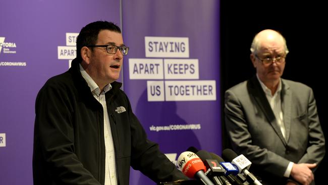 Daniel Andrews and Minister for Housing Richard Wynne address the media. Picture: NCA NewsWire / Andrew Henshaw.