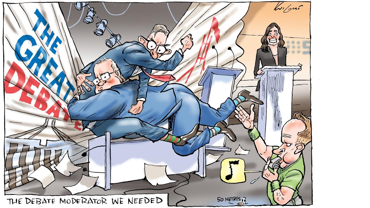 If only Channel 9 had called in a footy umpire to adjudicate “The Great Debate” between Prime Minister Scott Morrison and Opposition Leader Anthony Albanese, says Mark Knight in his latest cartoon.
