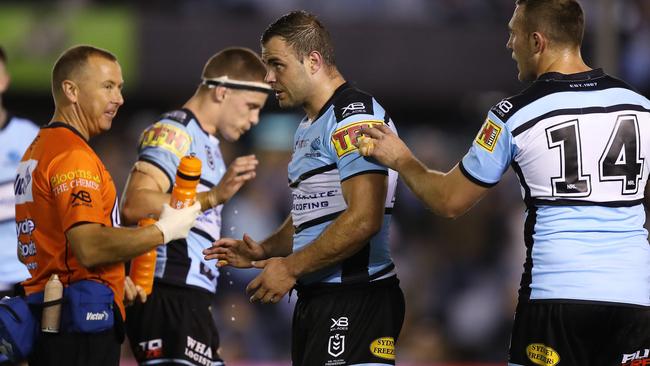 Cronulla's Wade Graham waits for the video referee to decide Cronulla’s winning try. Picture: Brett Costello