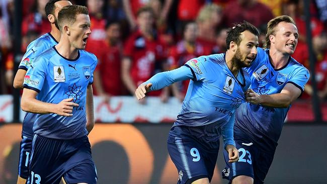 Sydney FC players celebrae after Adam Le Fondre (second right) scored in the FFA Cup final. Picture: Getty Images