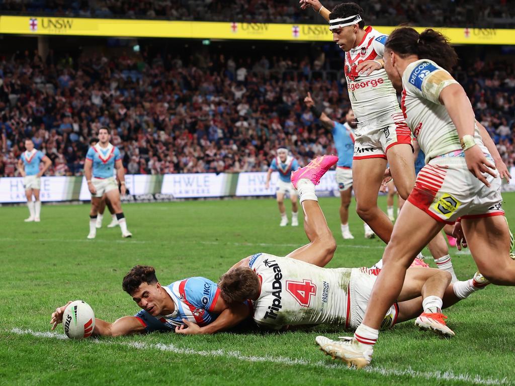 SYDNEY, AUSTRALIA - APRIL 25: Joseph-AukusoÃ&#130;Â Suaalii of the Roosters scores a try during the round eight NRL match between St George Illawarra Dragons and Sydney Roosters at Allianz Stadium, on April 25, 2024, in Sydney, Australia. (Photo by Cameron Spencer/Getty Images)