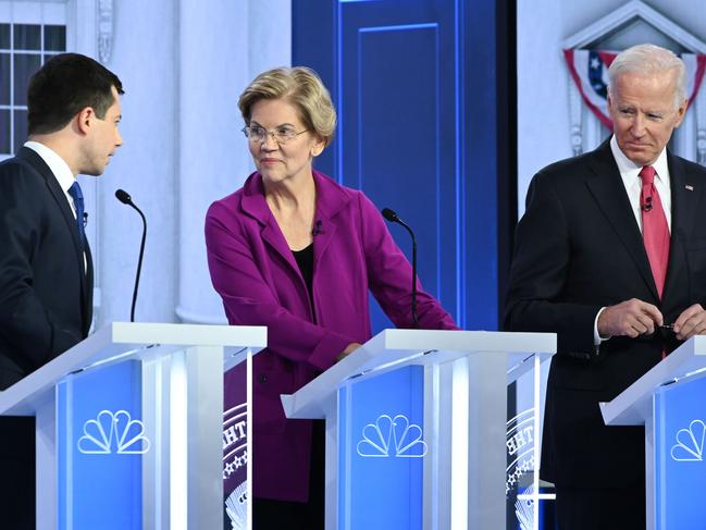 Frontrunners Mayor of South Bend, Indiana, Pete Buttigieg (L) Massachusetts Senator Elizabeth Warren (C), and former Vice President Joe Biden. Picture: AFP