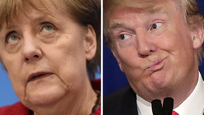 German Chancellor Angela Merkel (left) has lashed out at Donald Trump. Picture: AFP/Odd Andersen and Joshua Lott