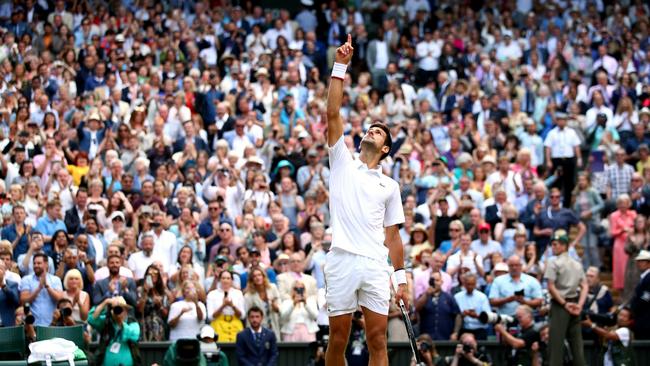 Novak Djokovic wins the men’s singles at Wimbledon in 2019. Picture: Getty Images.