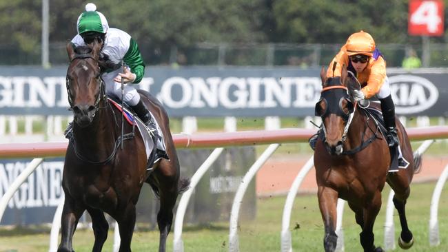 Thinkin’ Big (left) scored an impressive win in the Gloaming Stakes. Picture: AAP