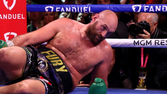 Tyson Fury somehow got to his feet after being knocked down by Deontay Wilder twice. Photo: Al Bello/Getty Images/AFP