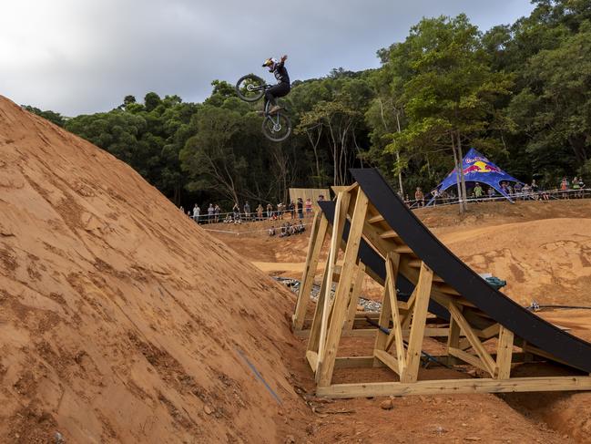 Burbidge-Smith performs a jump during Women's Speed and Style at Crankworx.