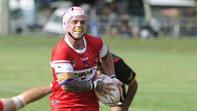 Rebel Rhys Walters with the ball during the first grade rugby league match between the South Grafton Rebels and the Sawtell Panthers at McKittrick Park South Grafton on Sunday, 10th April, 2016. Photo Debrah Novak / The Daily Examiner