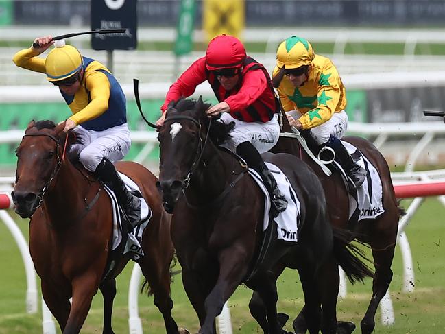 SYDNEY, AUSTRALIA - MARCH 02: Adam Hyeronimus riding  Tropical Squall wins Race 8 Drinkwise Surround Stakes during TAB Verry Elleegant Stakes Day - Sydney Racing at Royal Randwick Racecourse on March 02, 2024 in Sydney, Australia. (Photo by Jeremy Ng/Getty Images)