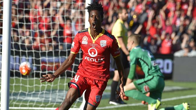 Great strike ... Bruce Kamau celebrates after scoring for Adelaide United in the A-League grand final. Picture: David Mariuz (AAP)