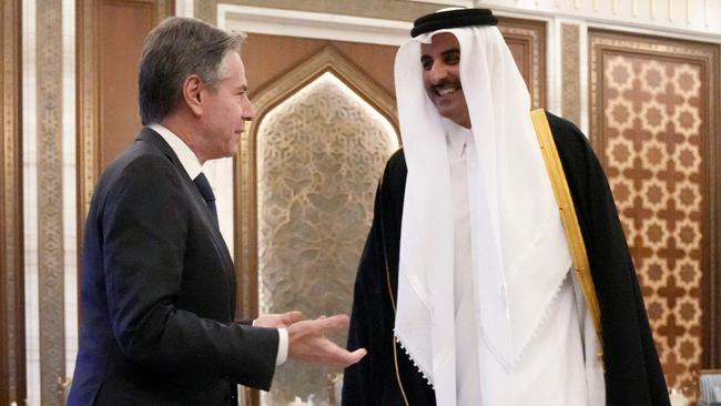 US Secretary of State Antony Blinken meets Qatari Emir Sheikh Tamim bin Hamad al-Thani earlier this year in Doha. Picture: POOL / AFP