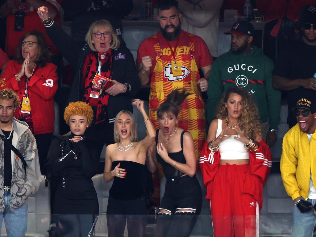 Tensions run high for Taylor Swift, with mum Andrea getting animated, in the luxury Super Bowl suite. Picture: Getty Images