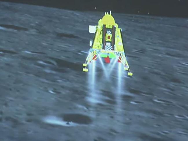 The Chandrayaan-3 spacecraft seconds before its successful lunar landing on the south pole of the moon. Picture: AFP