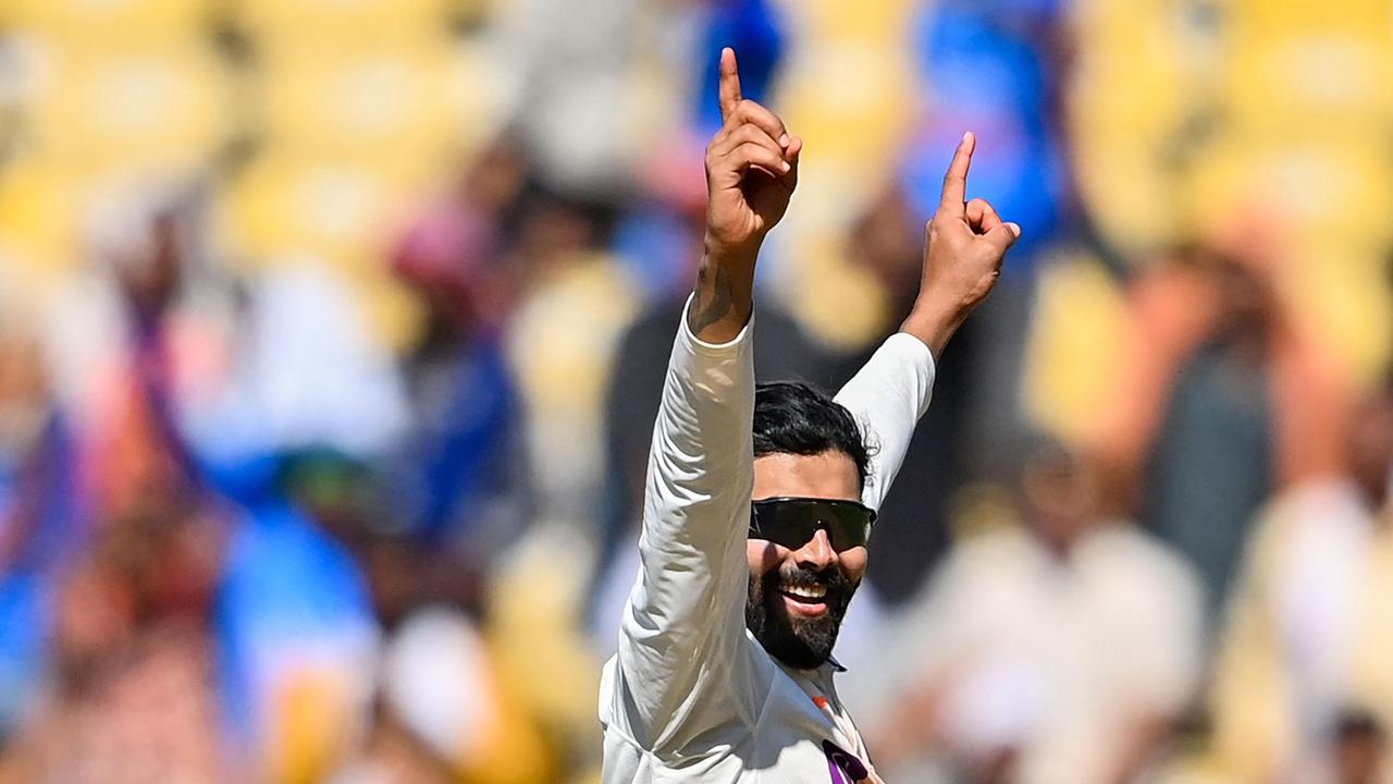 Ravindra Jadeja celebrates as India does a demolition job on Australia in the opening Test. Picture: AFP