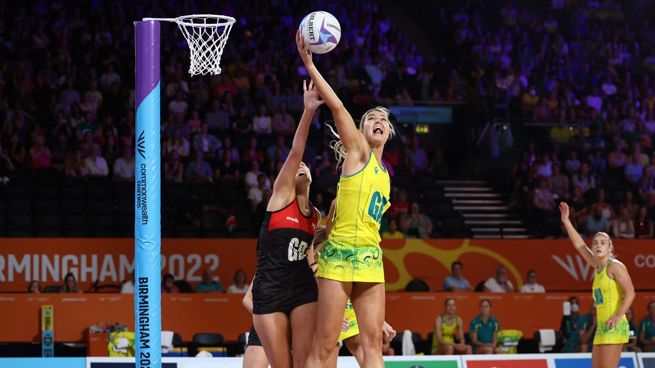 Gretel Bueta and Ella Powell-Davies compete for the ball in their Commonwealth Games clash.Picture: Darren Staples / AFP