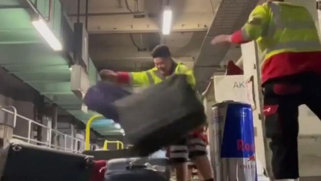 Qantas Baggage Handlers Throw Luggage in TikTok Video. Picture: Tik Tok