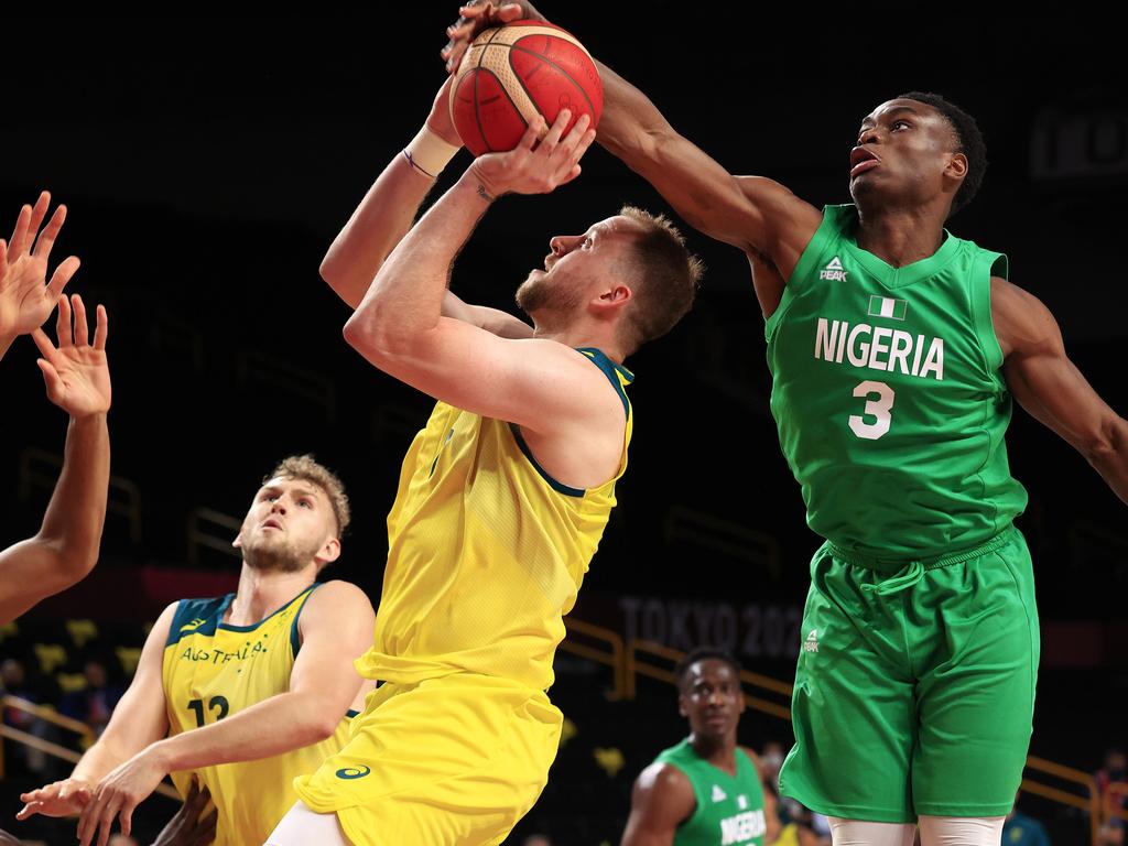 Agada gets the better of Boomer Joe Ingles during Nigeria’s clash with Australia at the Tokyo Olympics. Picture: Adam Head