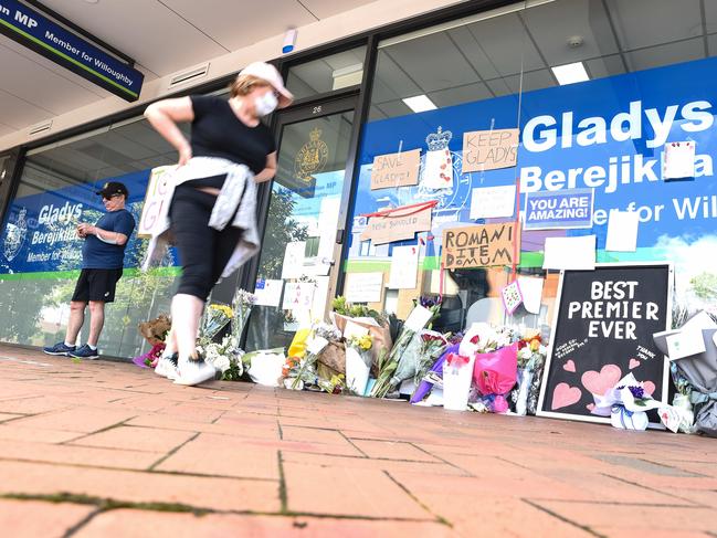 Messages and flowers are seen outside the electoral office of Gladys Berejiklian. Picture: NCA NewsWire / Flavio Brancaleones