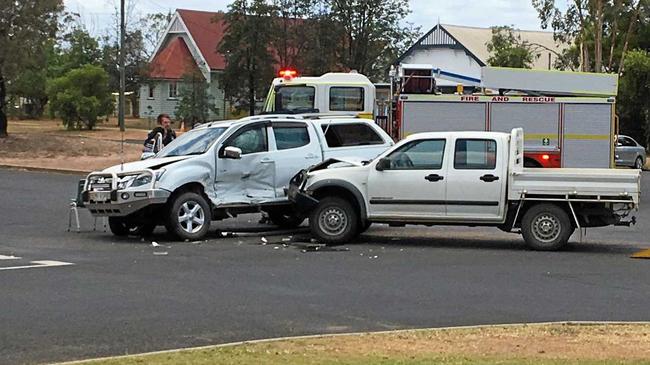 TRAFFIC CRASH: A two-vehicle accident occurred at the intersection of Dawson and Marian Sts, Miles at about 11:15am today. Picture: Brooke Duncan