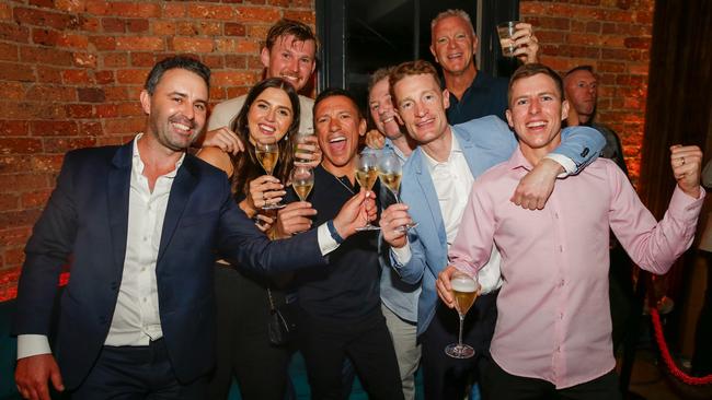 Mark Zahra celebrates with friends including Frankie Dettori. Pic: Laura Cousens