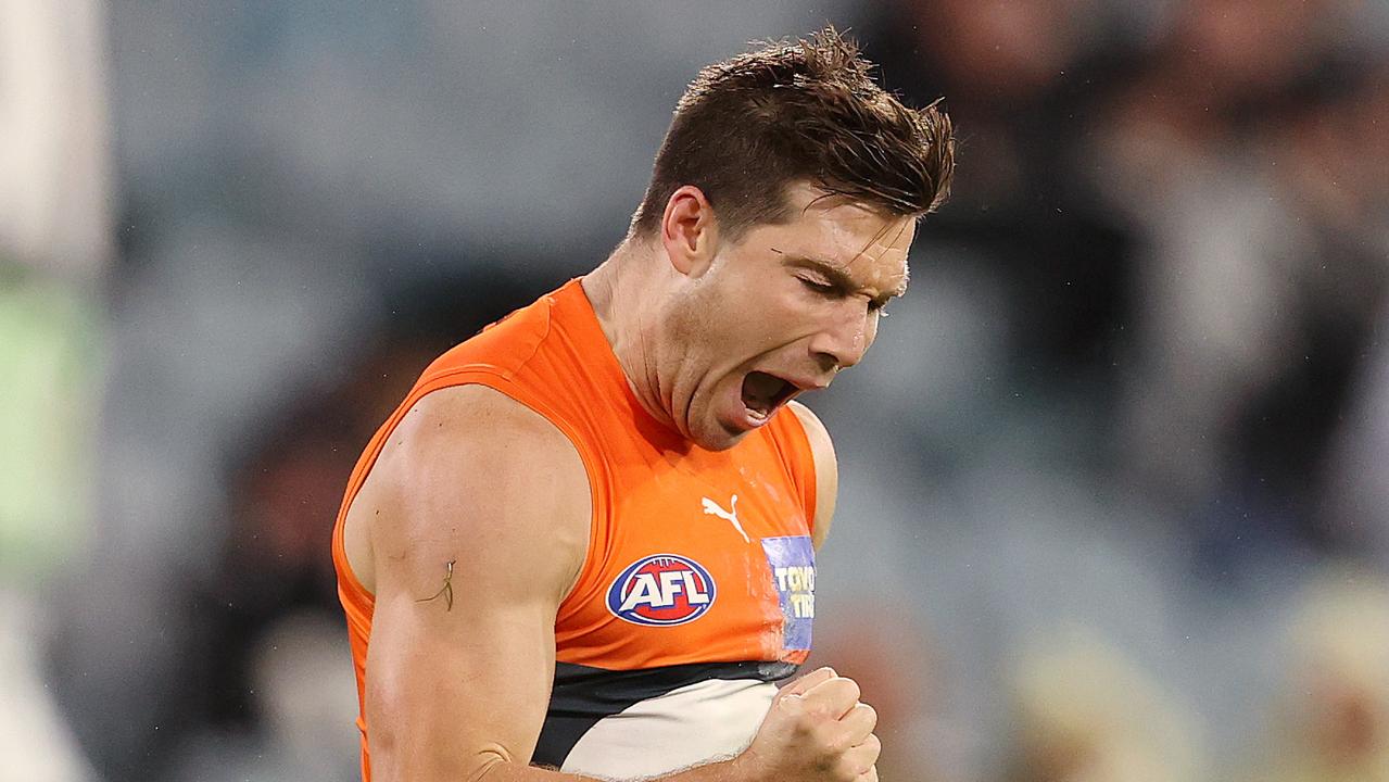 Toby Greene of the Giants celebrates his 5th goal in the third quarter. Picture: Michael Klein