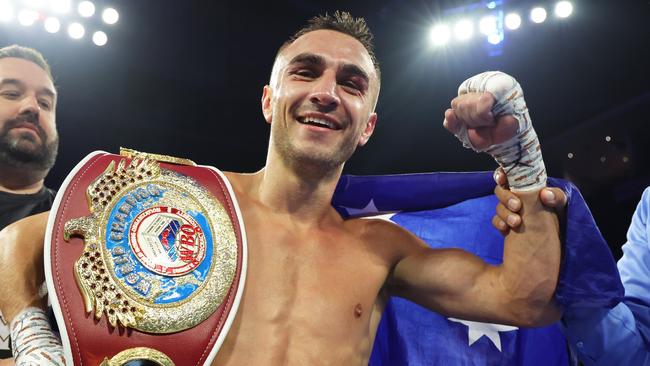 STOCKTON, CALIFORNIA - MAY 13: Jason Moloney celebrates after defeating Vincent Astrolabio during their WBO bantamweight championship fight at Stockton Arena on May 13, 2023 in Stockton, California. (Photo by Mikey Williams/Top Rank Inc via Getty Images)