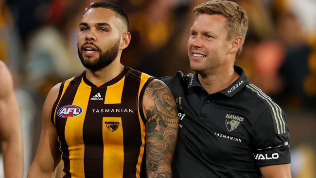 Sam Mitchell all smiles with Jarman Impey after a win. Picture: Getty Images