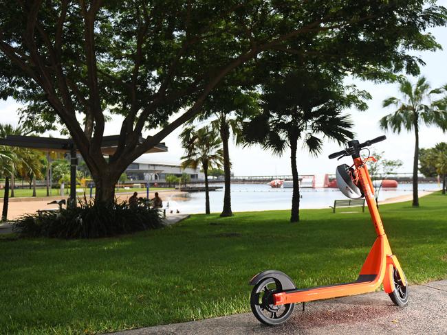 A Neuron Scooter waits for a rider at the Darwin Waterfront during the 12 month trial.Picture: Che Chorley