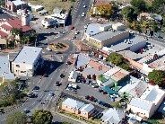 Aerial photograph of Gympie city showing the area around Fiveways at the intersection of Mary, Mellor and Lawrence Sts and Calton and Caledonian Hills.