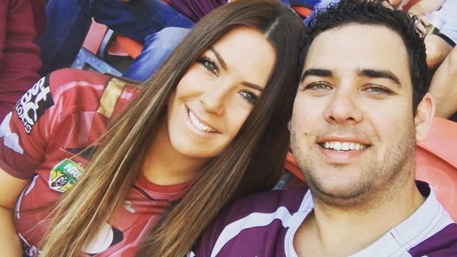 Casey Watters and Joe Williams at the footy together. The couple first met after a Broncos game.