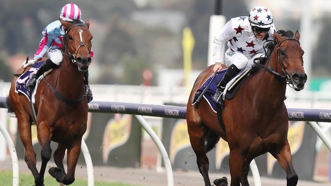 Sunlight, ridden by Luke Currie, sprints to victory in the Gilgai Stakes. Picture: Michael Klein.